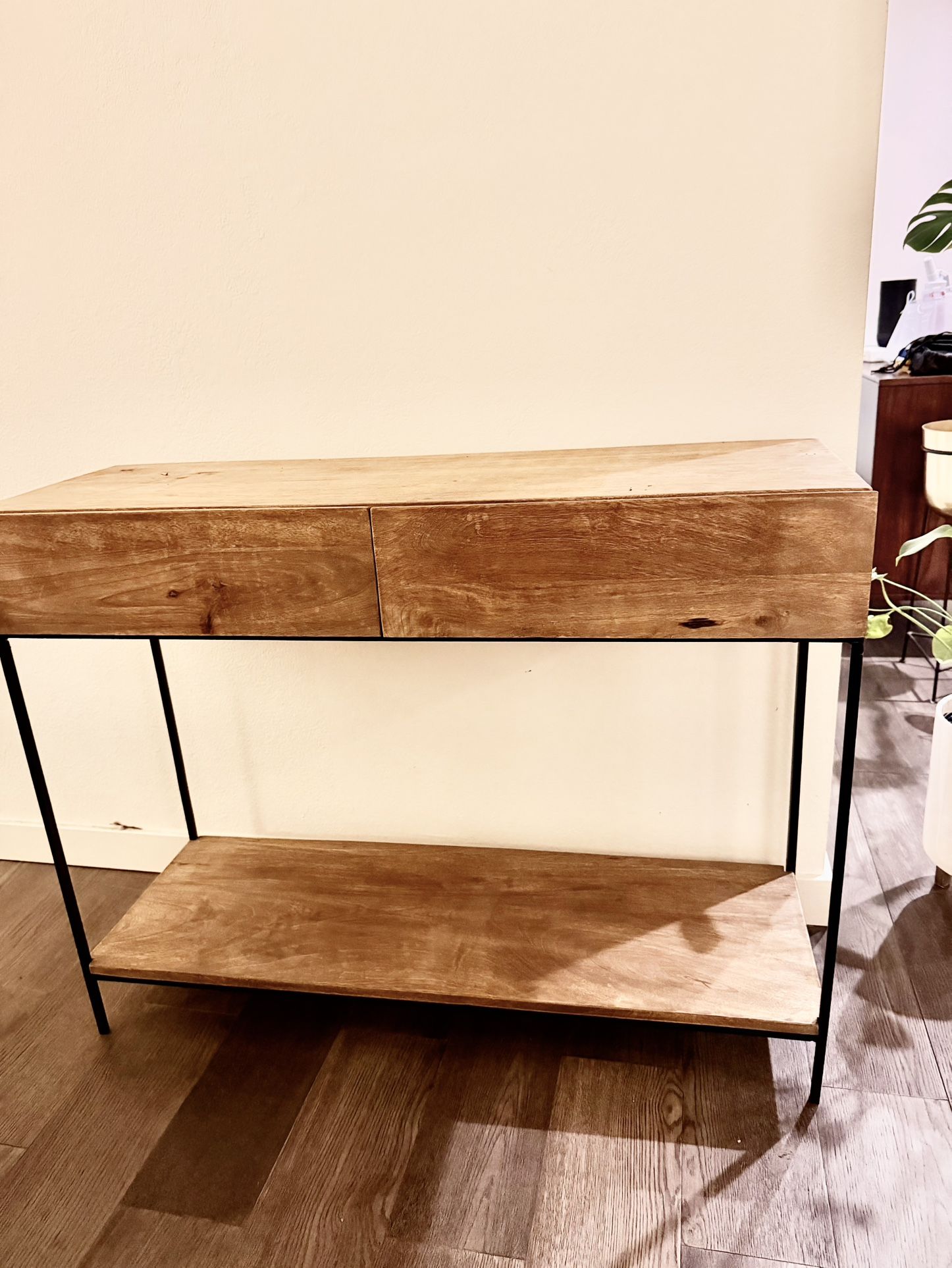 West Elm Rustic Storage Console Entry Table – Solid Mango Wood + Metal Frame (42”)