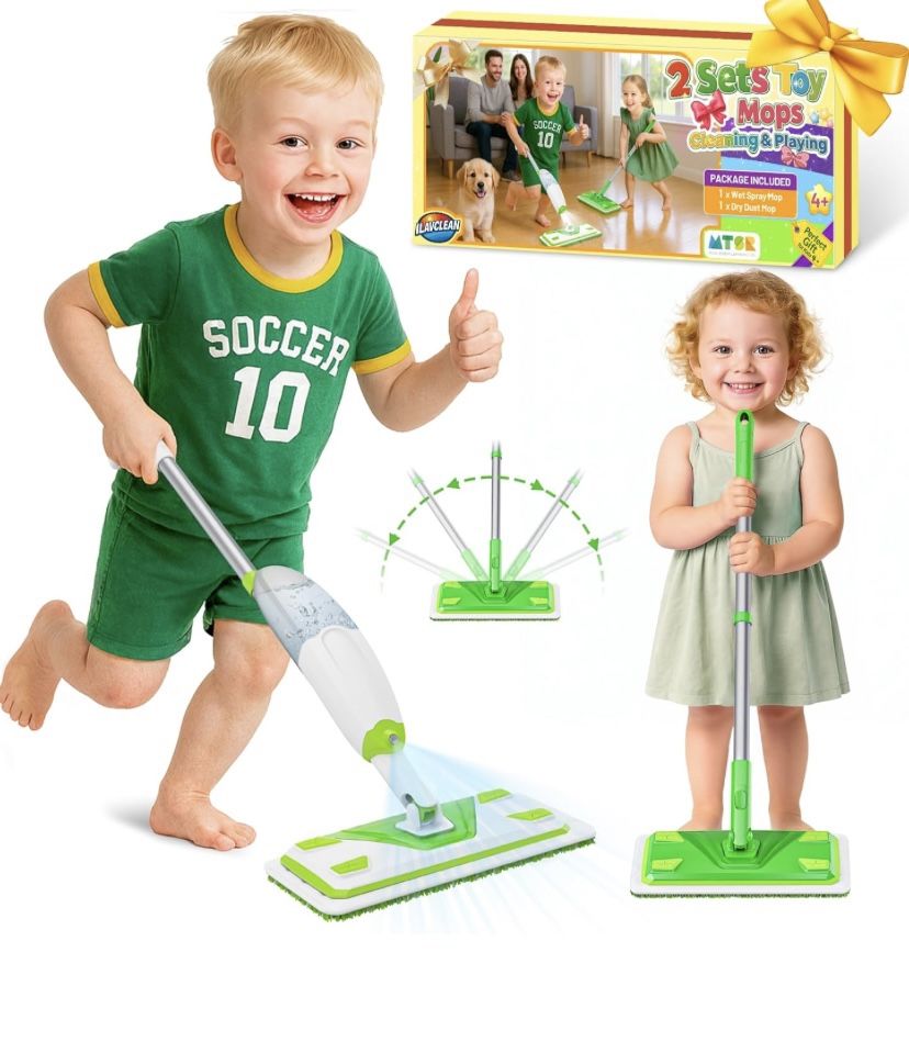2-Set Toy Mop for Kids - Toddler Real Spray Mop and Flat Floor Mop Montessori Cleaning Toy Set, Educational and Fun Gifts for Boys and Girls Ages 4+