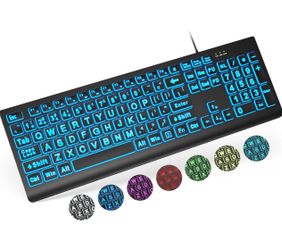 Large Print Backlit Keyboard, Wired USB Lighted Computer Keyboards with 7-Color & 4 Modes Backlit