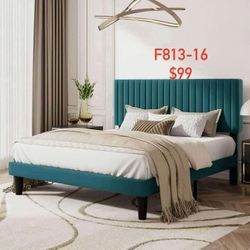 Full Size Platform Bed Frame, Modern Velvet Upholstered Bed with Adjustable Vertical Channel Tufted Headboard F813-16
