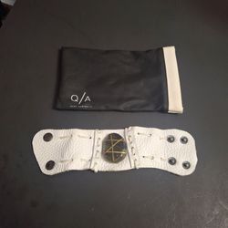 Handmade Soft White Leather Wrist Cuff Featuring A Dark Polished Stone Wrapped In Wire, Snap Closure Size 6-6.75 Width 2"