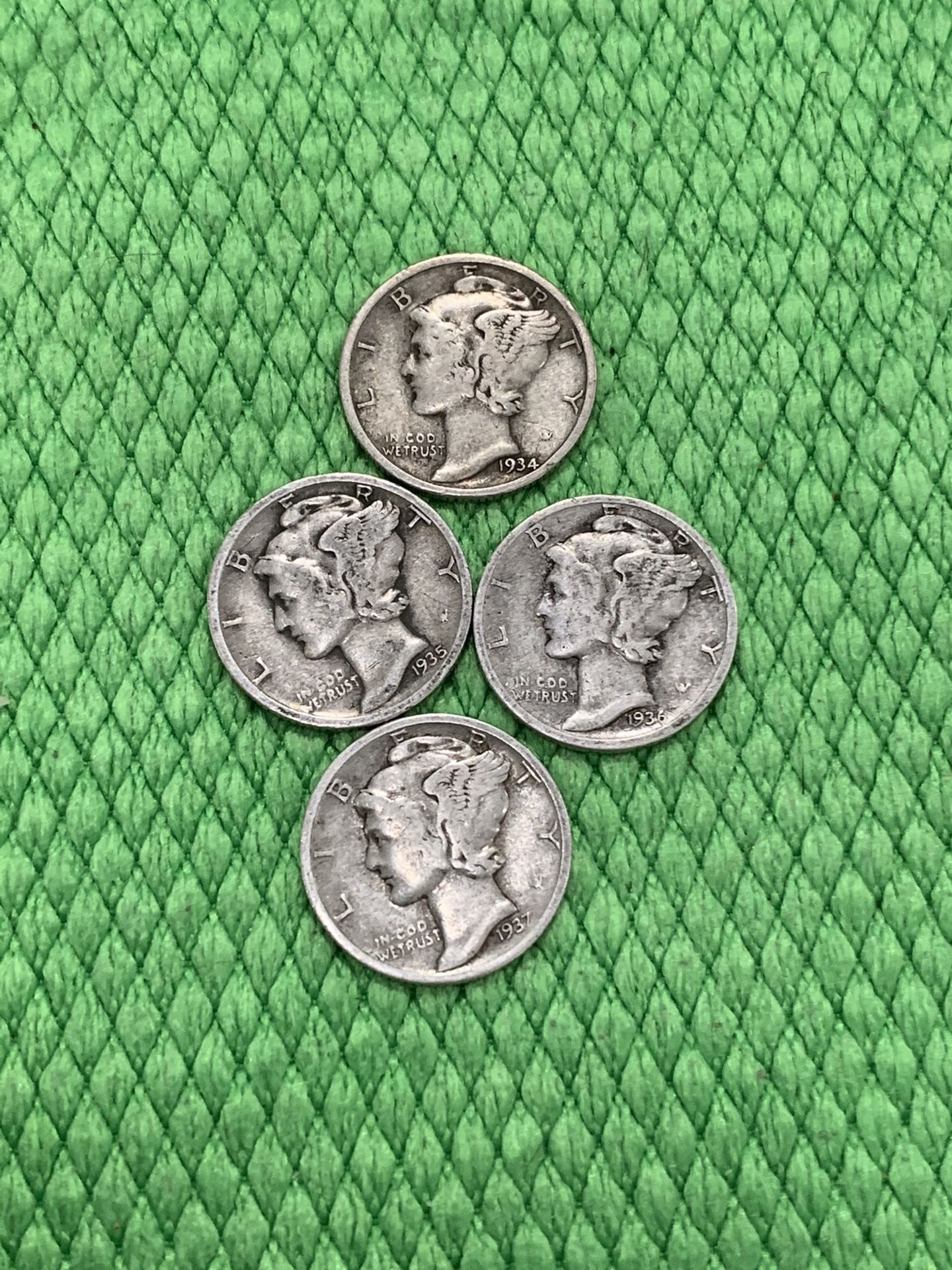 4 Consecutive Mercury Silver Dimes 