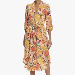 Donna Morgan Bright Yellow/Orange Print Midi Dress