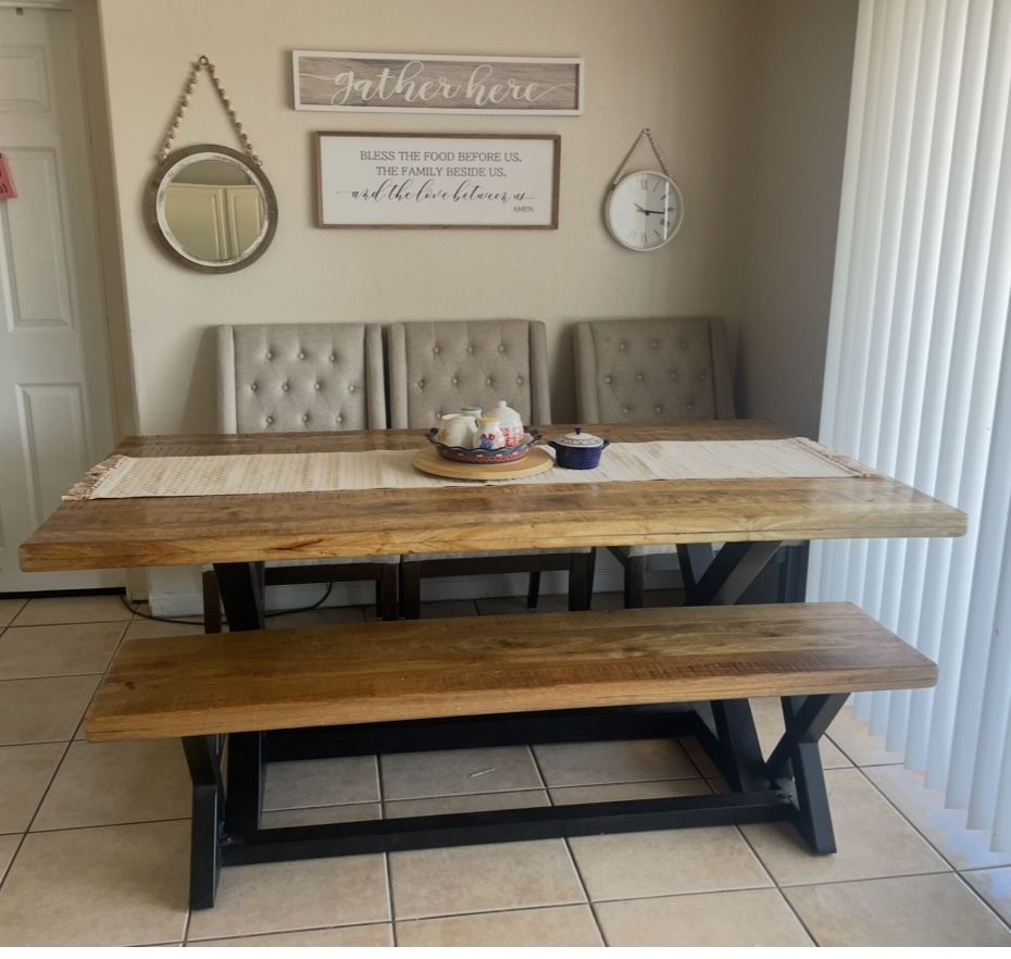 Farmhouse, Rustic Dining Table W/bench, and chairs