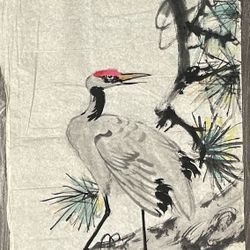 Asian Art Crane With Pink Feathers