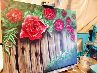 Rose 🌹 painting on a fence. 16x20 inch canvas