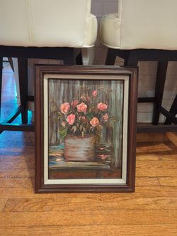 Vintage Painting Of Pink And Peach Roses In A Rustic Vase