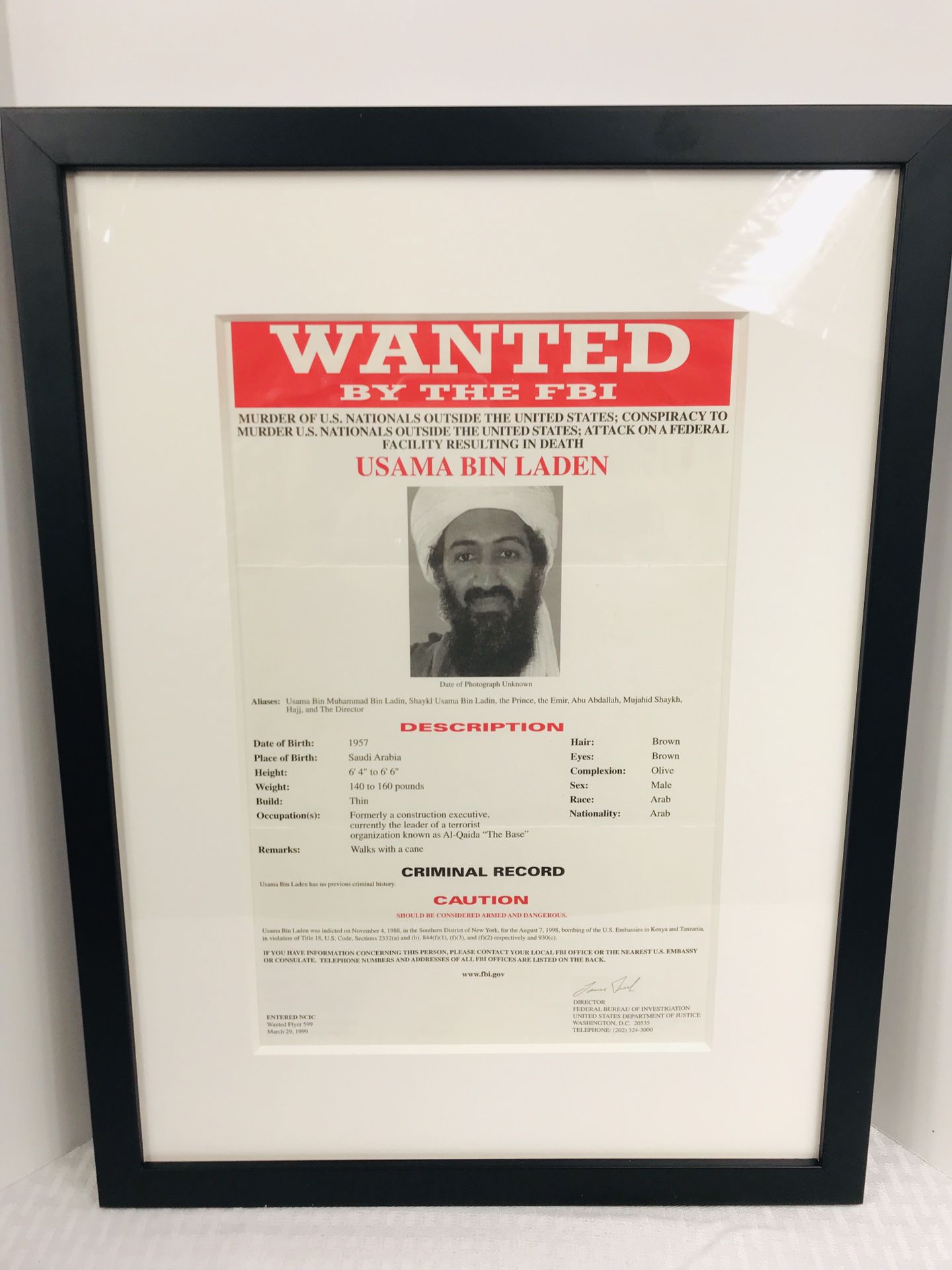 Rare 1999 FBI Usama Bin Laden Original Wanted Poster