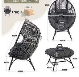 RADIATA 2 PCS Outdoor Egg Chair w/Ottoman, PE Wicker Patio Lounge Chair Oversized Large Size, Wicker Patio Egg Chair Set of 2 with Ottoman & Gray Cush