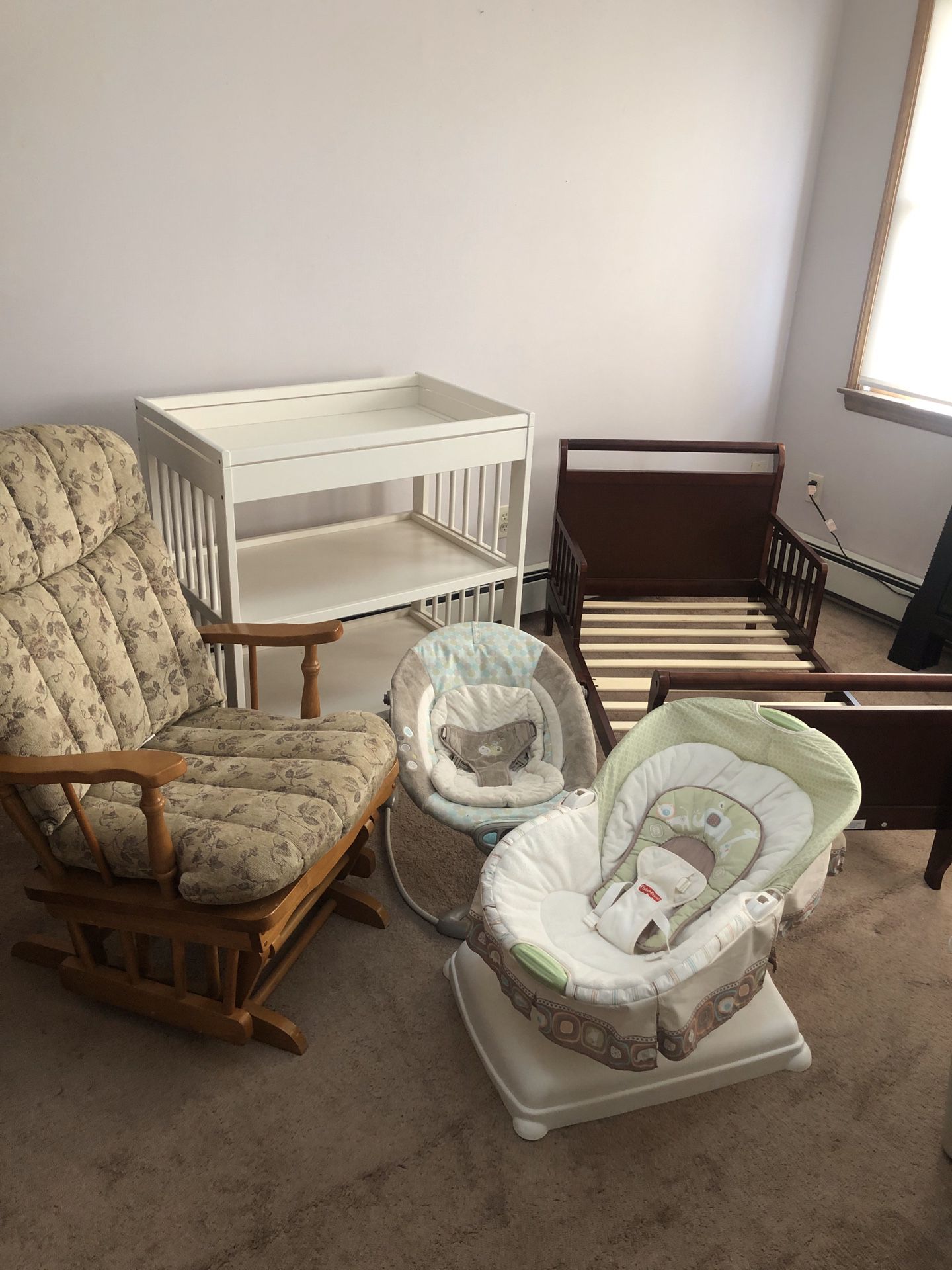 Baby rockers, changing table and toddler bed