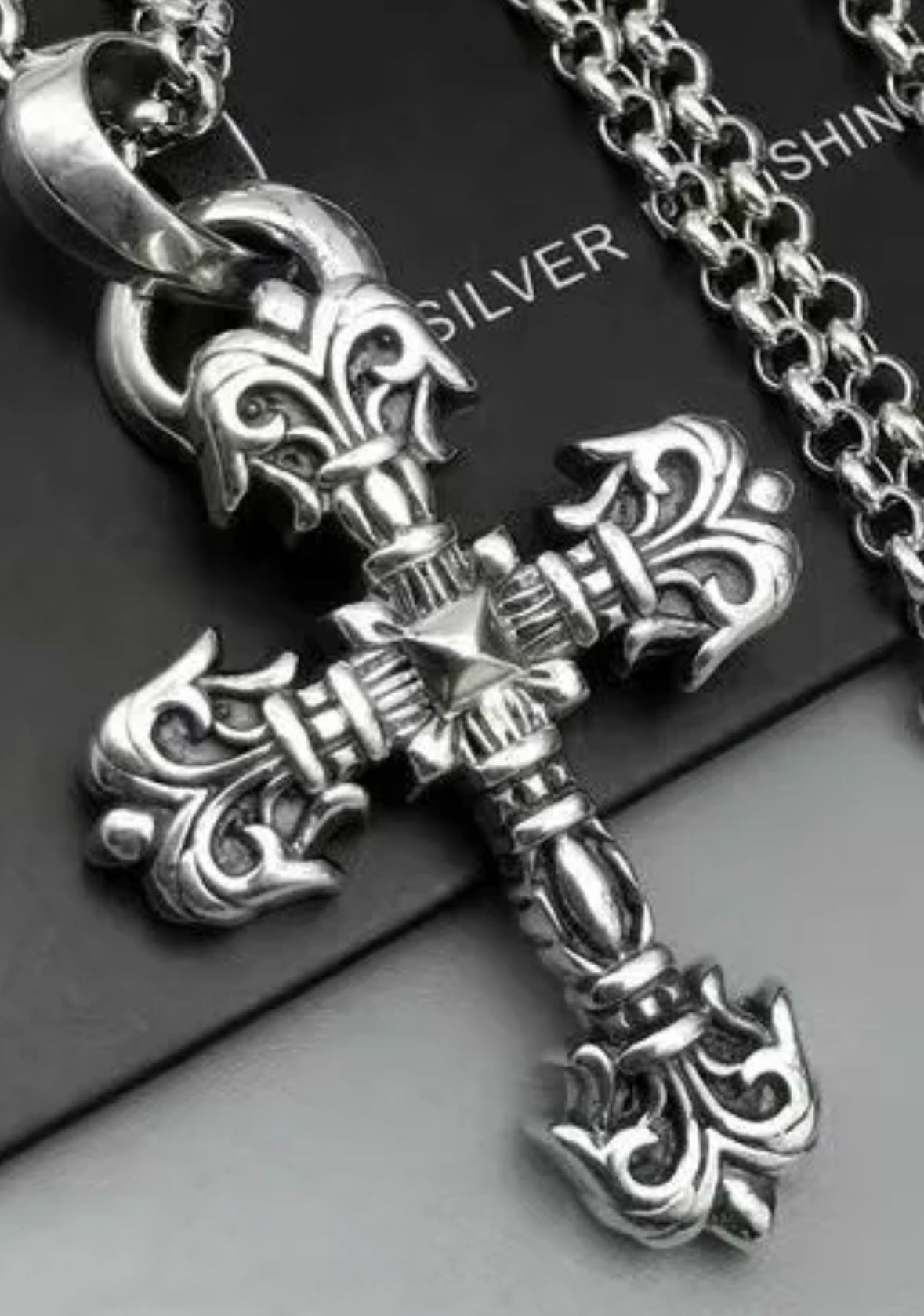  Chrome Hearts Style Filigree Cross Pendant With 24” Link necklace