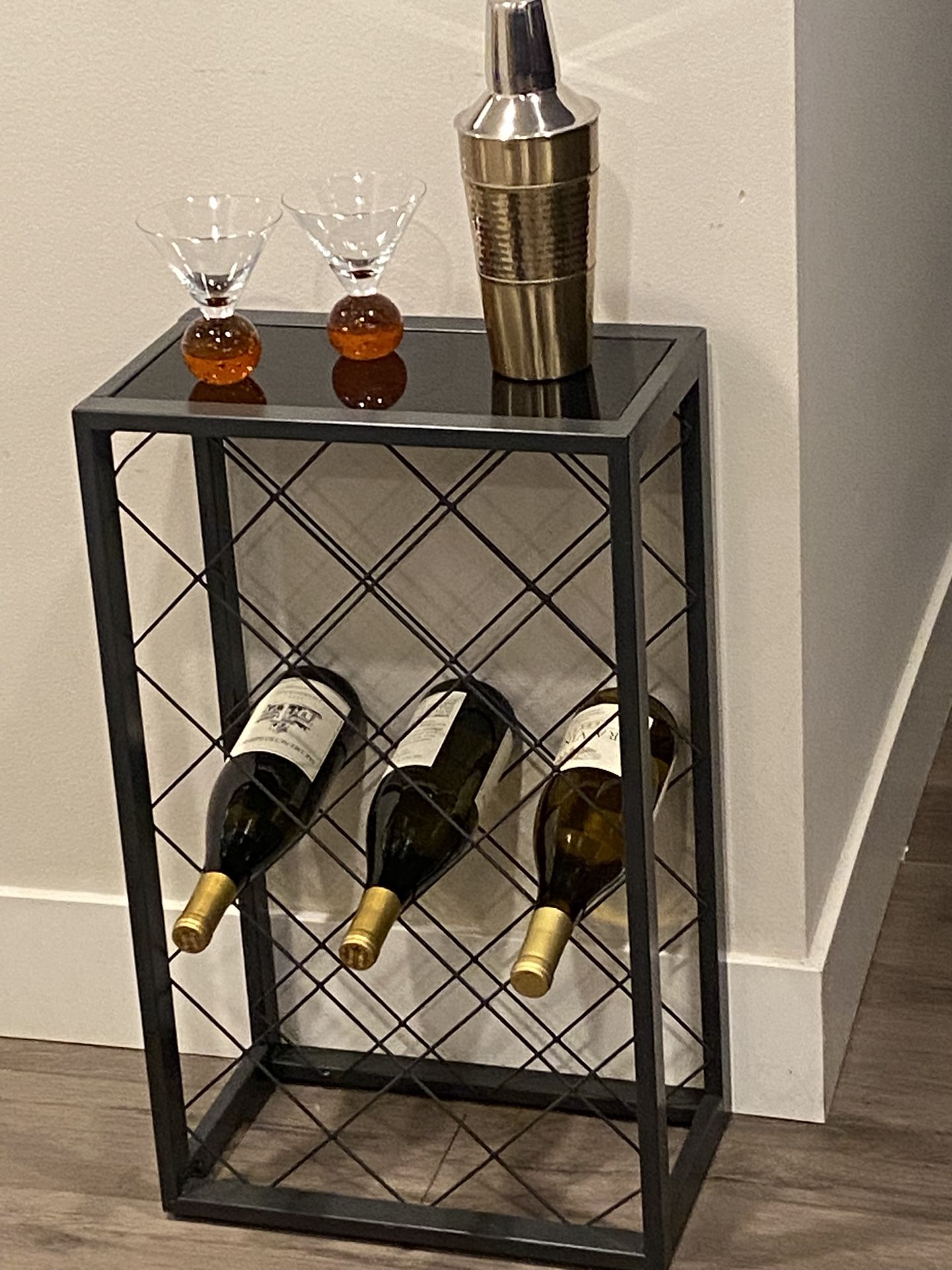 23 Bottles Pewter Color Free Standing Wine Rack with The Black Glass Shelf H26”xW15”xD9”