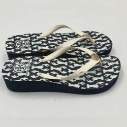 Tory Burch Designer Flip Flop Thong Black White Wedge Platform Sandals 10 Crab