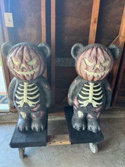 Halloween Pumpkin Skeleton Bear Statues – Set of 2