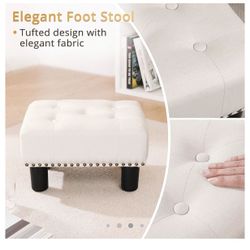 LUE BONA Small Ottoman stool, beige riveted fabric footrest with plastic legs, 9 inches high, rectangular stools for adults with non-slip pads