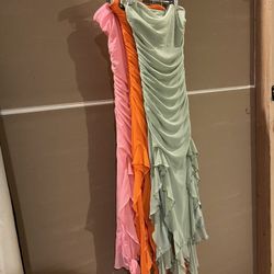 3 Pack- Olive Green, orange, and pink ruffled strapless dress.