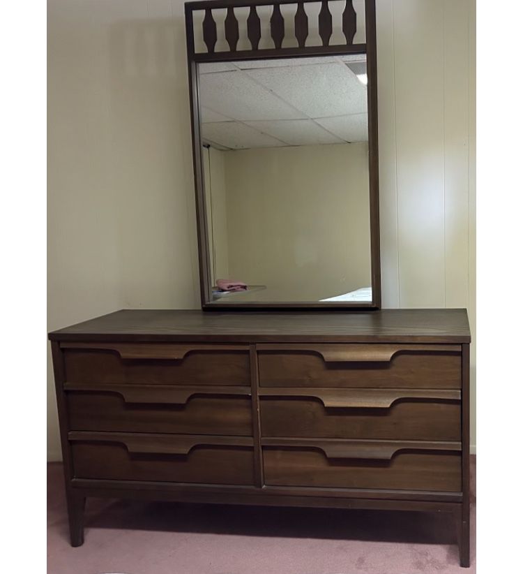 Mid Century walnut Dresser And Mirror