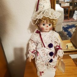 New Authentic Cute Dimples Clown Porcelain Doll With Original Box And Stand 