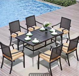 7-Piece Metal Patio Outdoor Dining Sets with Beige Cushions   Retail price $700 our price $375   New in the boxes     PHA VILLA Model # THD7-326136FX 