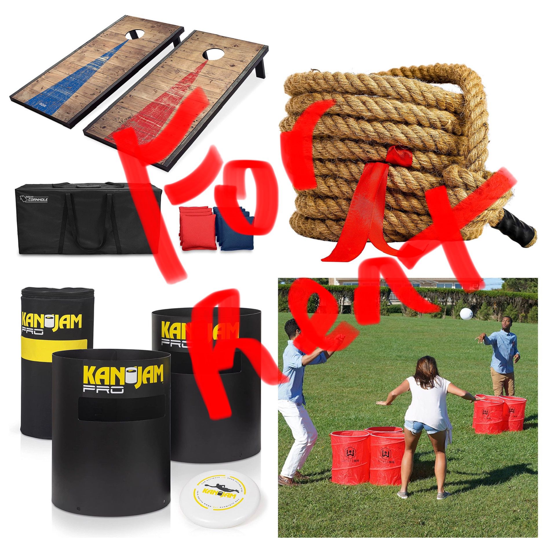 Outdoor Party Games - Cornhole, Beer Pong, Kan Jam, Badminton, and Tug Of War Rope