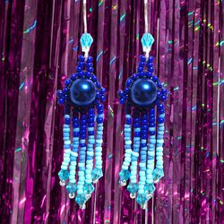 Blue Fringe Dangle Earrings