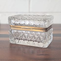 Vintage Glass Jewelry Box Casket 1980s Heavy Crystal Cut Brass Baccarat Style
