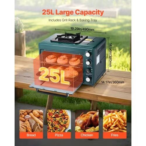 Outdoor Oven, 2-in-1 Portable Gas Camping Stove Oven Combo, Adjustable Fire, 60-Minute Timer, Windproof, with Grill Shelf and Roasting Tray, for Campi
