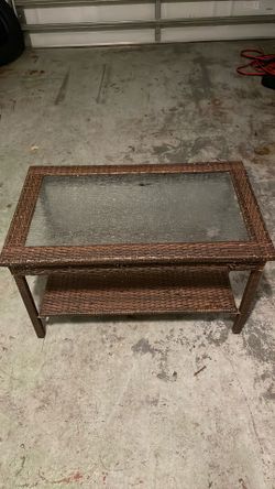Outdoor Wicker Patio Coffee Table with Glass Top & Storage Shelf