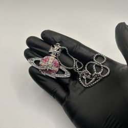 Vivienne Westwood Silver Pink Necklace Orb New Chain Adjustable Pendant 18”