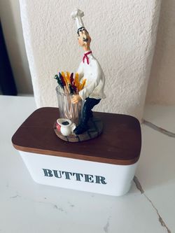 White Butter Dish with Wood Lid