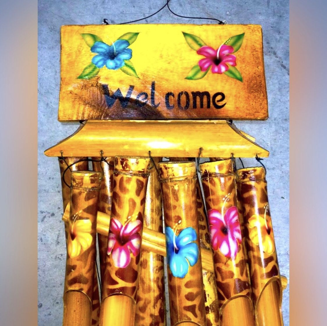 Aloha🌺 Everyone Decorative Bamboo Wind Chime Welcome Sign with Flowers Wooden Home Garden Decoration