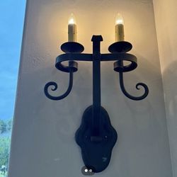 Set of (2) Gorgeous renaissance large wrought-iron wall sconces, for indoor outdoor use. Candle light lamps. Thick & heavy iron.