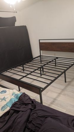 Metal Platform Bed Frame with Wood Headboard