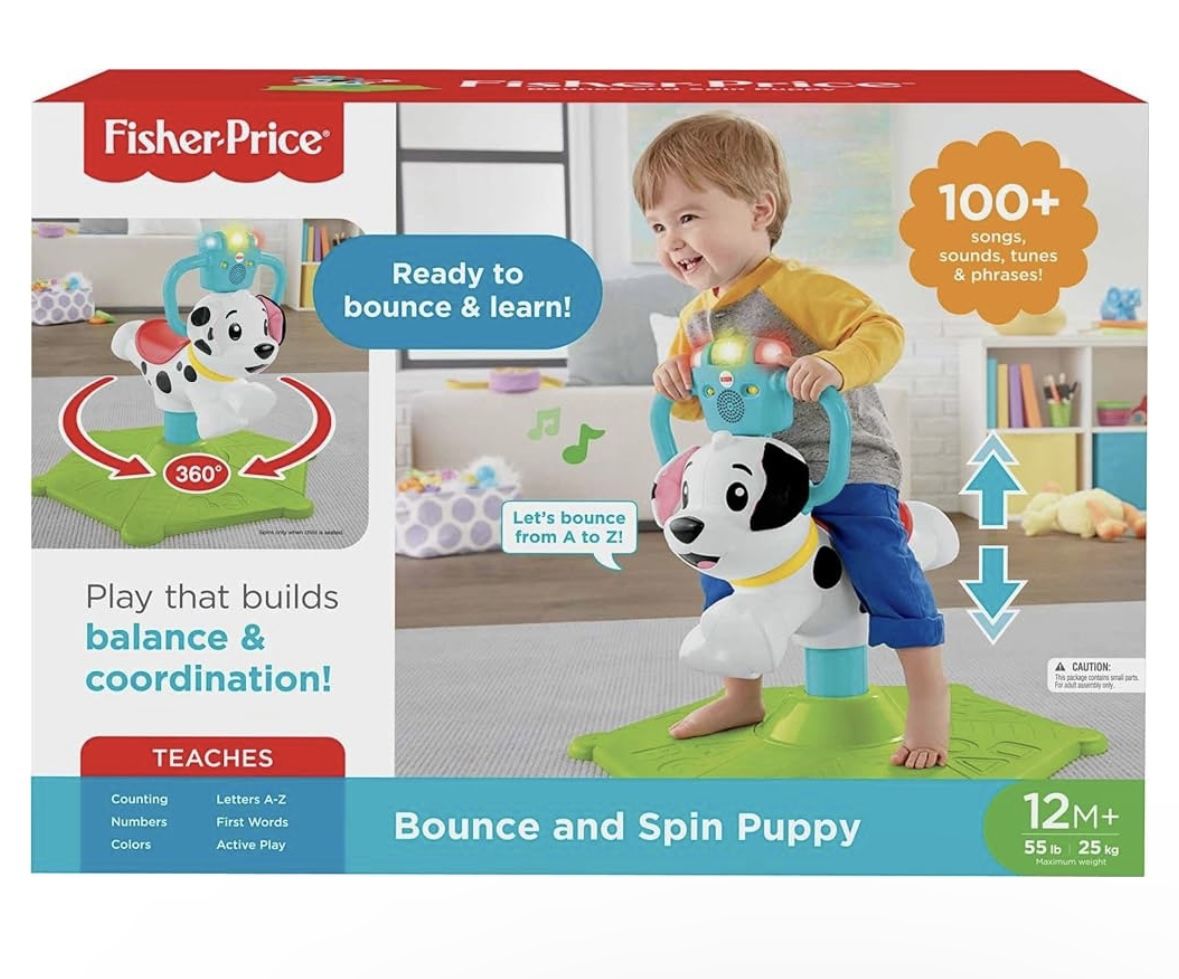 Fisher-Price Toddler Learning Toy, Bounce and Spin Puppy Stationary Ride-On Bouncer with Music & Lights for Infants Ages 1+ Years