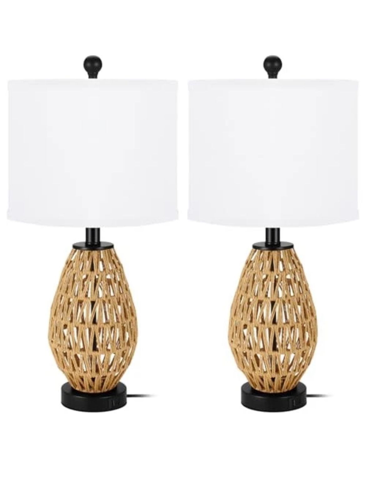 Coastal Table Lamps Set of 2, Retro Rattan Woven 24" Bedside Lamp, for Bedroom Living Room Home Nightstand Table Lamp(with USB C+A 5V 2.1A Charging Po