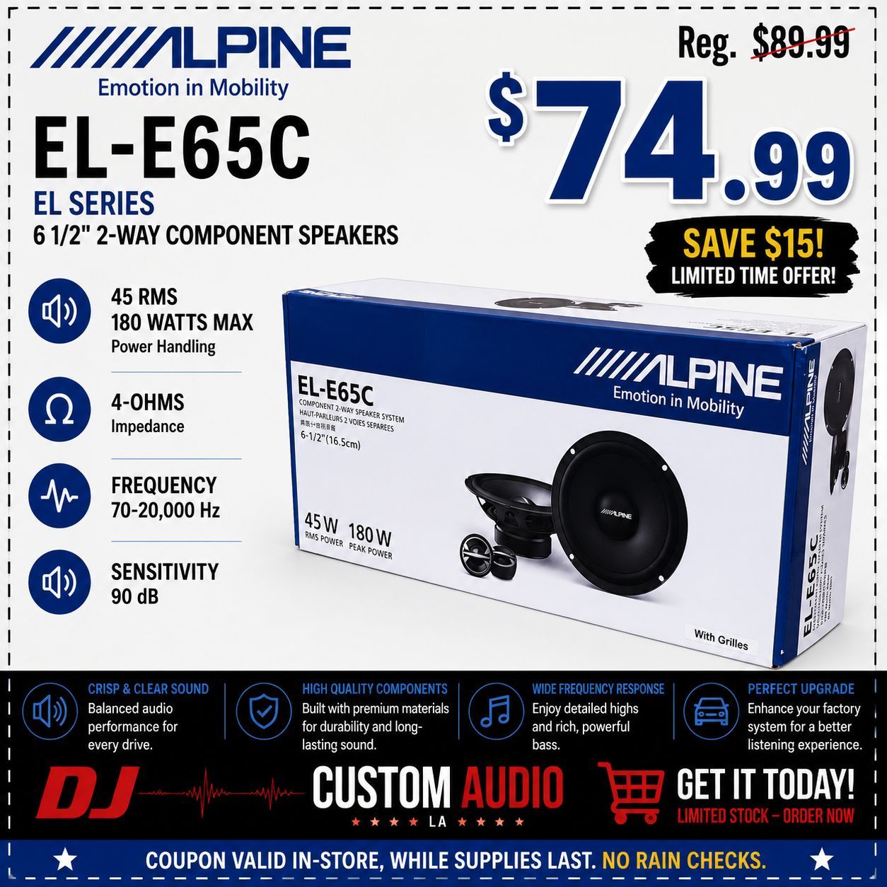 Alpine EL Series 6 1/2 Inch 2-Way Component Speaker System 180 Watts EL-E65C 🚨 Payment Options Available 🚨 No Credit Needed 🚨