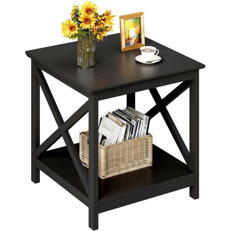 End Table, 24" with 2-Tier Storage Shelf, Wood Nightstand (Black)
