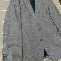 Stafford Linen Cotton Blazer 42L Slate Blue Houndstooth Microcheck Sport Coat