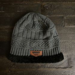 Gray Knit Beanie And Scarf Set with Black fleece