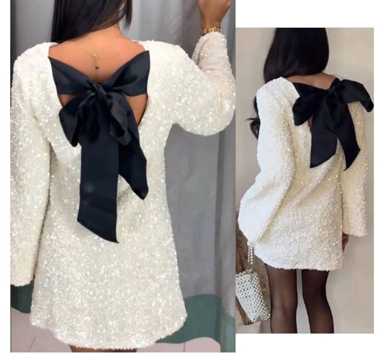 Sequined Dress Ribbon Long Sleeve Party Night Out Club Festival Dresses