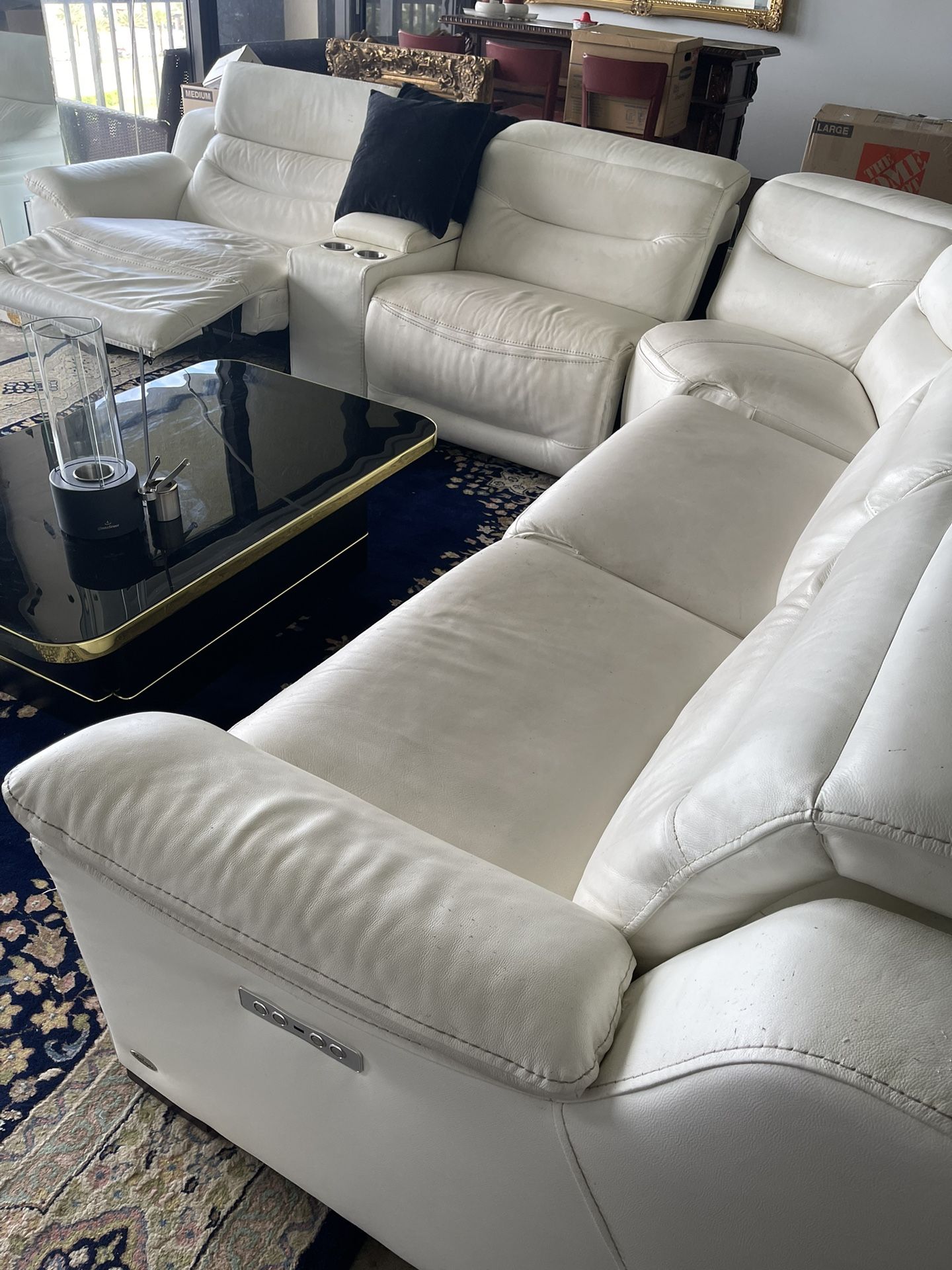 White Leather Sectional Couch With Recliner Seats On Both Ends