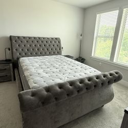 Queen Velvet Button Sleigh Bed