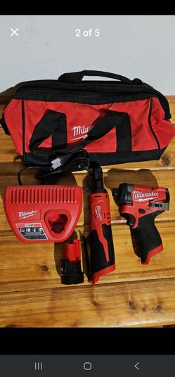 Milwaukee M12 'Fuel' 1/4" hex impact driver, M12 3/8"(not 'Fuel') ratchet, battery, charger, bag kit