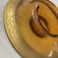 Vintage Mcm Retro Amber Rolled Glass Bowl With Gold Edge 