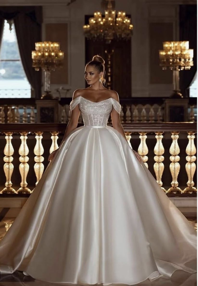 Off The Shoulder Satin, Sparkly Sequin A-Line Sweep Train Formal Dress