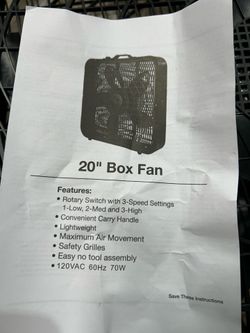 Box Fan with Carry Handle, 20 inch, 3 Speed Full-Force Air Circulation with Air Conditioner, Floor Fan, Bedroom Fan,