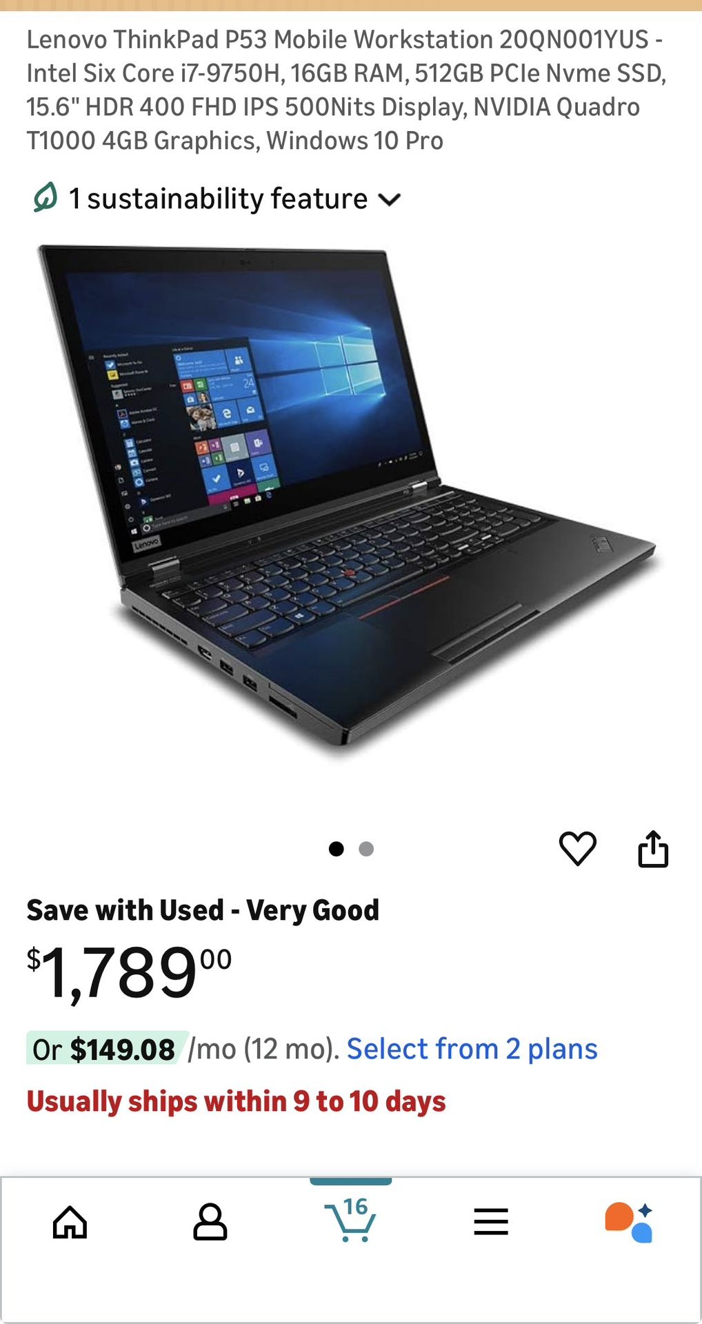 Lenovo P53 Intel i7 9th Gen , 64 GB Ram, 1TB SSD. Dedicated NVIDIA Quadro T2000