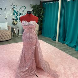 Custom pink embellished sweetheart strapless mermaid gown with sparkly beads