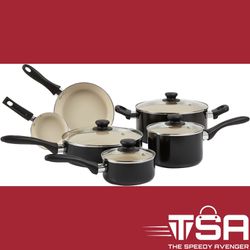 Amazon Basics Ceramic Nonstick Pots and Pans 11 Piece Cookware Set Black/Cream