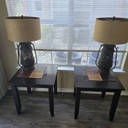 Dark Wood End Tables, Farmhouse-lantern-style lamps, & Placemat